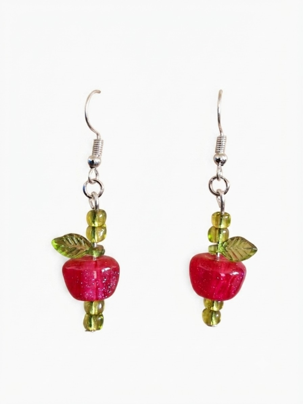 Handmade Glitter Red Apple Glass Dangle Earrings with Green Leaves